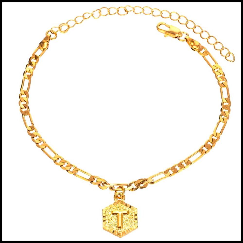 Gold Plated Figaro Chain Anklet Bracelet Custom Initials Elegant Minimal Chic